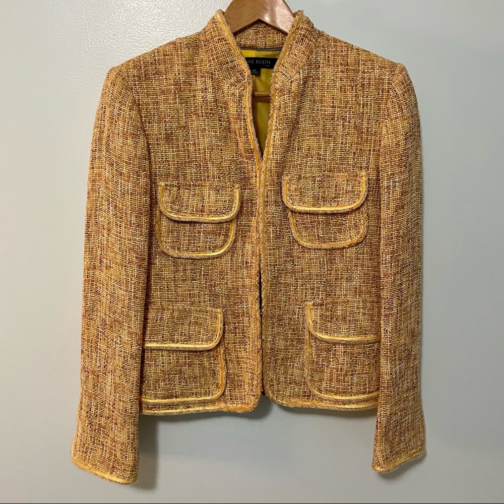 Anne Klein tweed blazer in yellow, tan and orange pattern | Size 10P